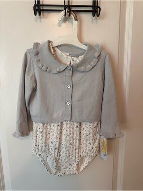 Carter's 18m Ruffle-Collar Cardigan with Cream Floral Long Sleeve Onesie
